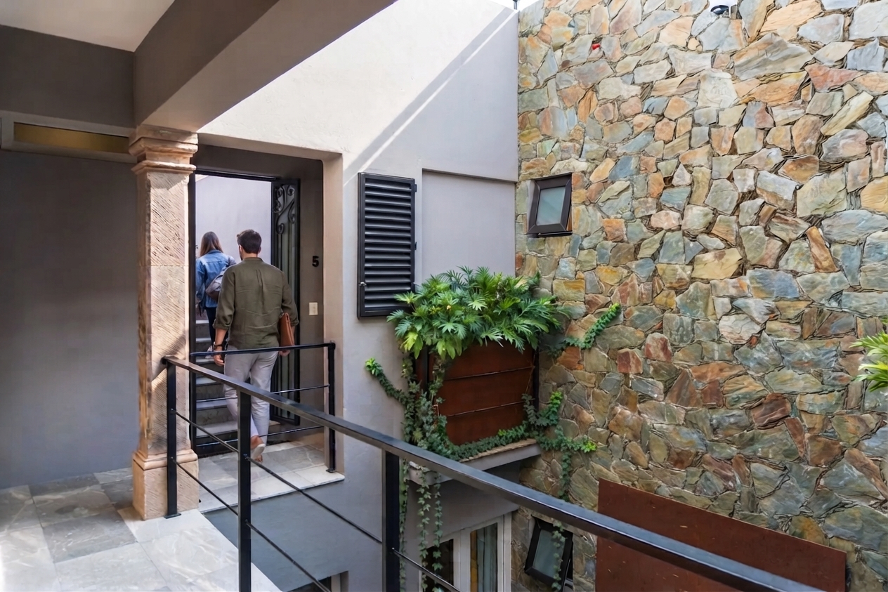 Interior stone-clad light well planted with ivy, with a steel railing and stairs up to a numbered room