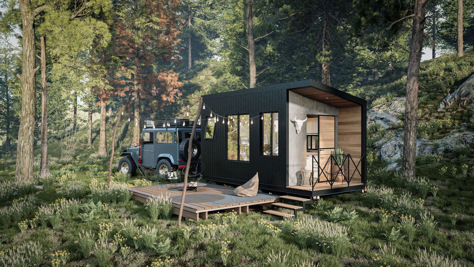 Rendering of the Nómada 1, a flat-roofed tiny home with a wooden deck and a parked 4x4 in the woods
