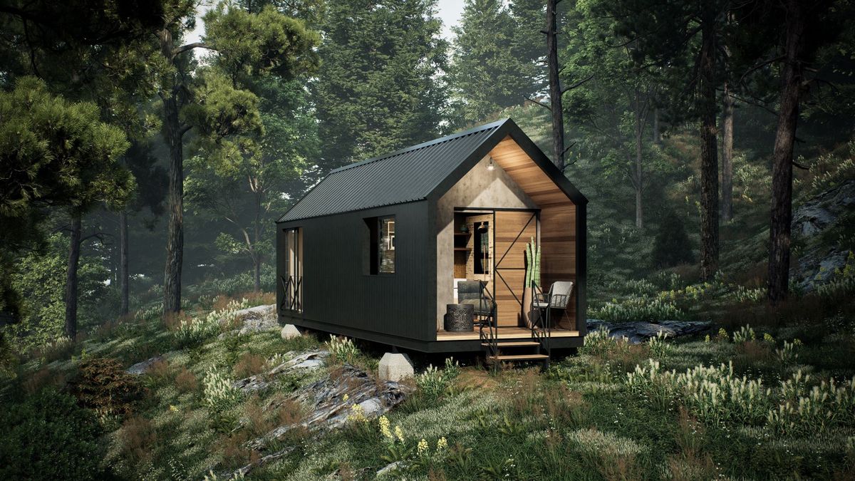 Rendering of the Nómada 4, a small gabled tiny home with a wood-lined front porch in the woods