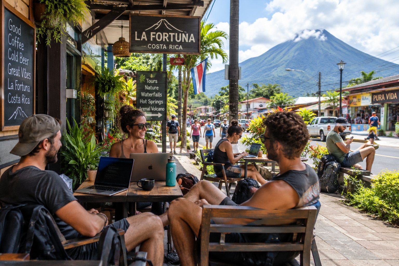 Illustration: remote workers with laptops at a sidewalk café in La Fortuna, with Arenal Volcano rising beyond the street