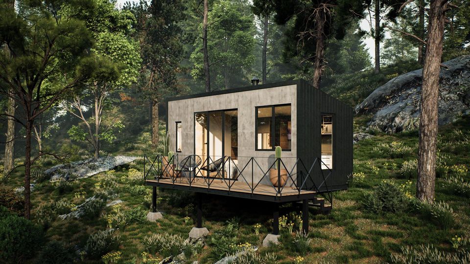 Rendering of the Nómada 6, a tiny home raised on posts with a wraparound deck on a wooded slope