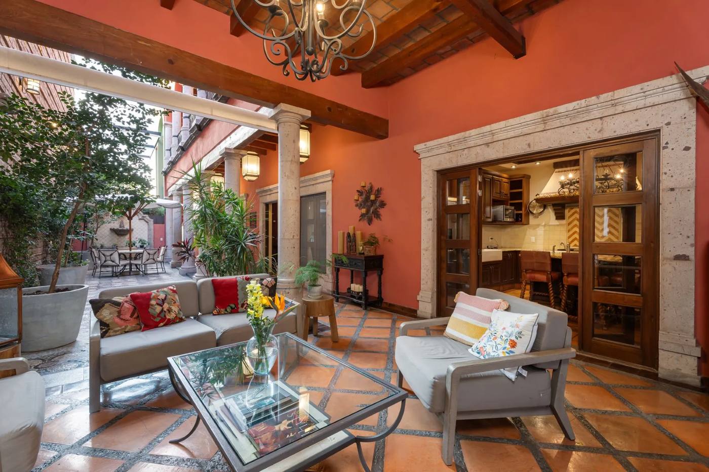 Casa Allende's salon opening onto a planted colonial courtyard